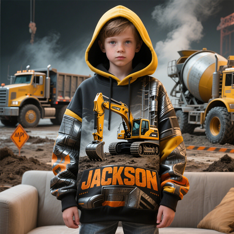 Customized Children's Excavator Construction Vehicle Theme Cool Hoodie