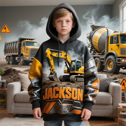 Customized Children's Excavator Construction Vehicle Theme Cool Hoodie