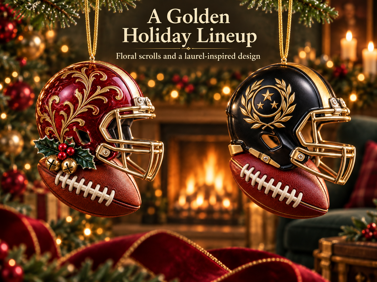 Eight football helmet Christmas ornament designs