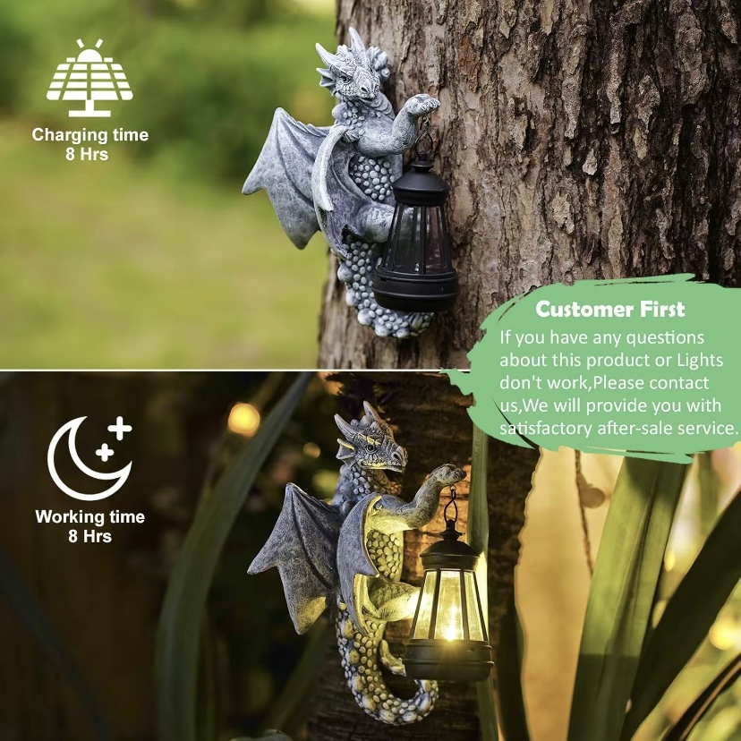 Garden Decor Dragon Hugging Tree Garden Statue with Solar Lantern