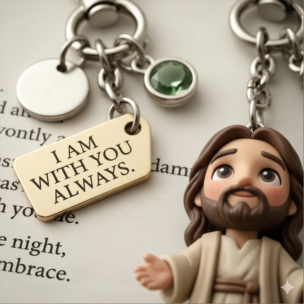 Smiling Jesus figure keychain with charm and message tag