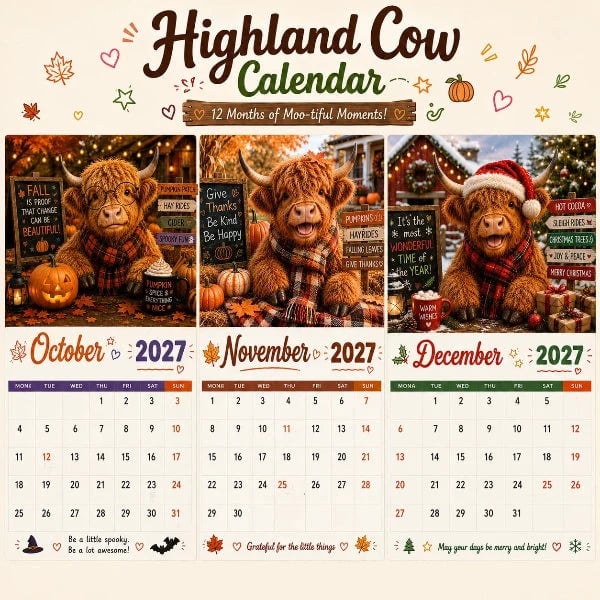 2027 Funny Highland Cow Wall Calendar | A4 Hanging Calendar | Designed by Isabel Kline