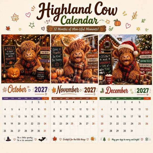 2027 Funny Highland Cow Wall Calendar | A4 Hanging Calendar | Designed by Isabel Kline