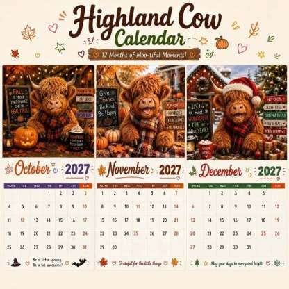 2027 Funny Highland Cow Wall Calendar | A4 Hanging Calendar | Designed by Isabel Kline