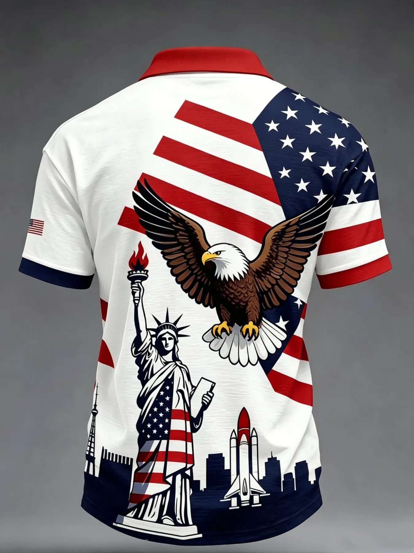 USA Flag Eagle Liberty Statue Print, Short Sleeve, Casual Patriotic Polo Shirt