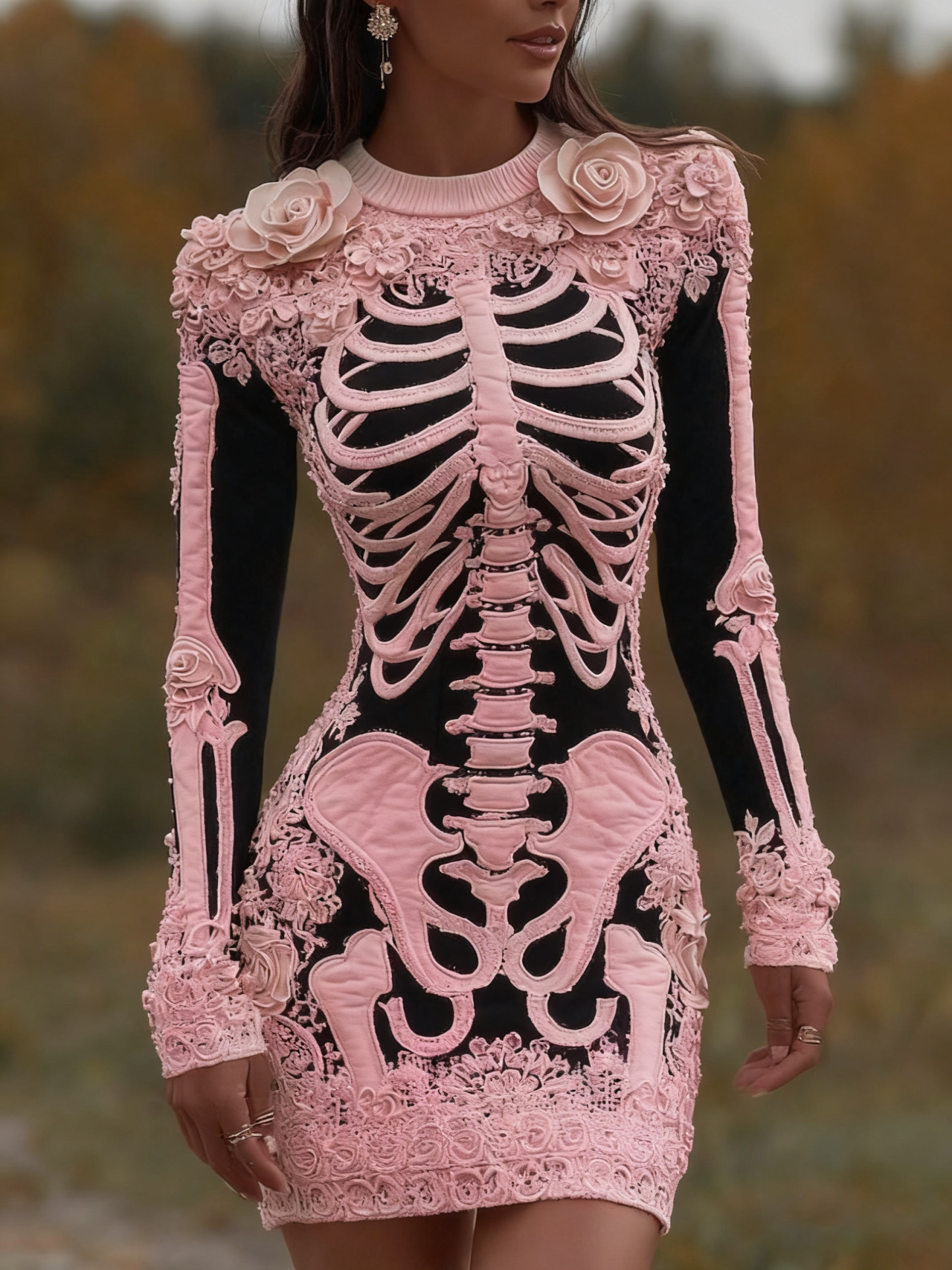 Women's Vintage Halloween Skeleton Bones With Rose Art Cozy Knit Mini Sweater Dress