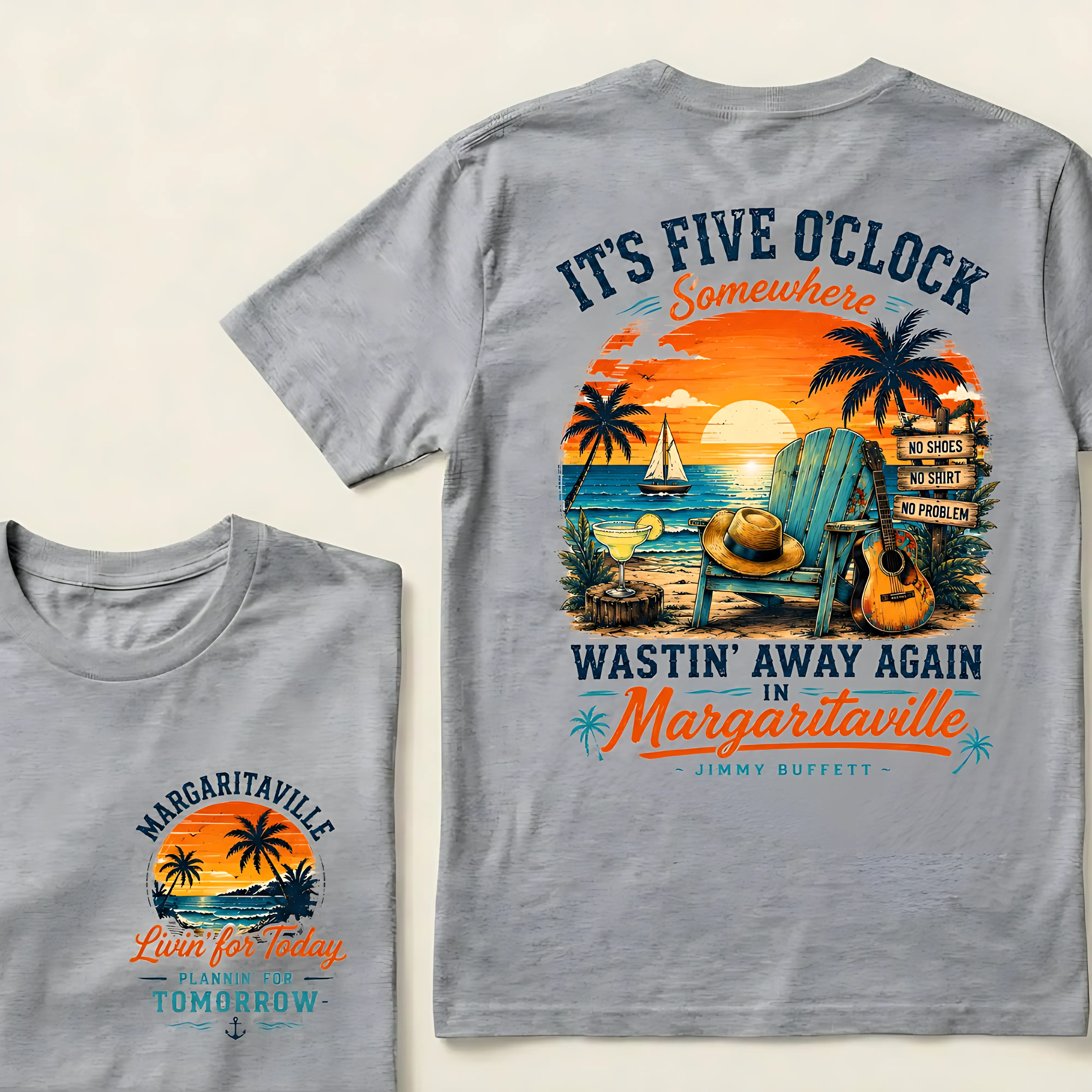It's Five O'Clock Somewhere Wastin' Away Again In Margaritaville Parrot Guitar Sunset Beach No Shoes No Shirt No Problem Graphic T-Shirt
