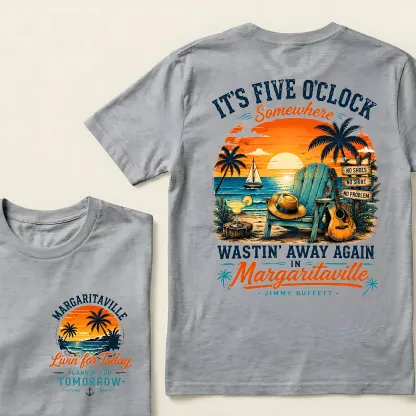 It's Five O'Clock Somewhere Wastin' Away Again In Margaritaville Parrot Guitar Sunset Beach No Shoes No Shirt No Problem Graphic T-Shirt