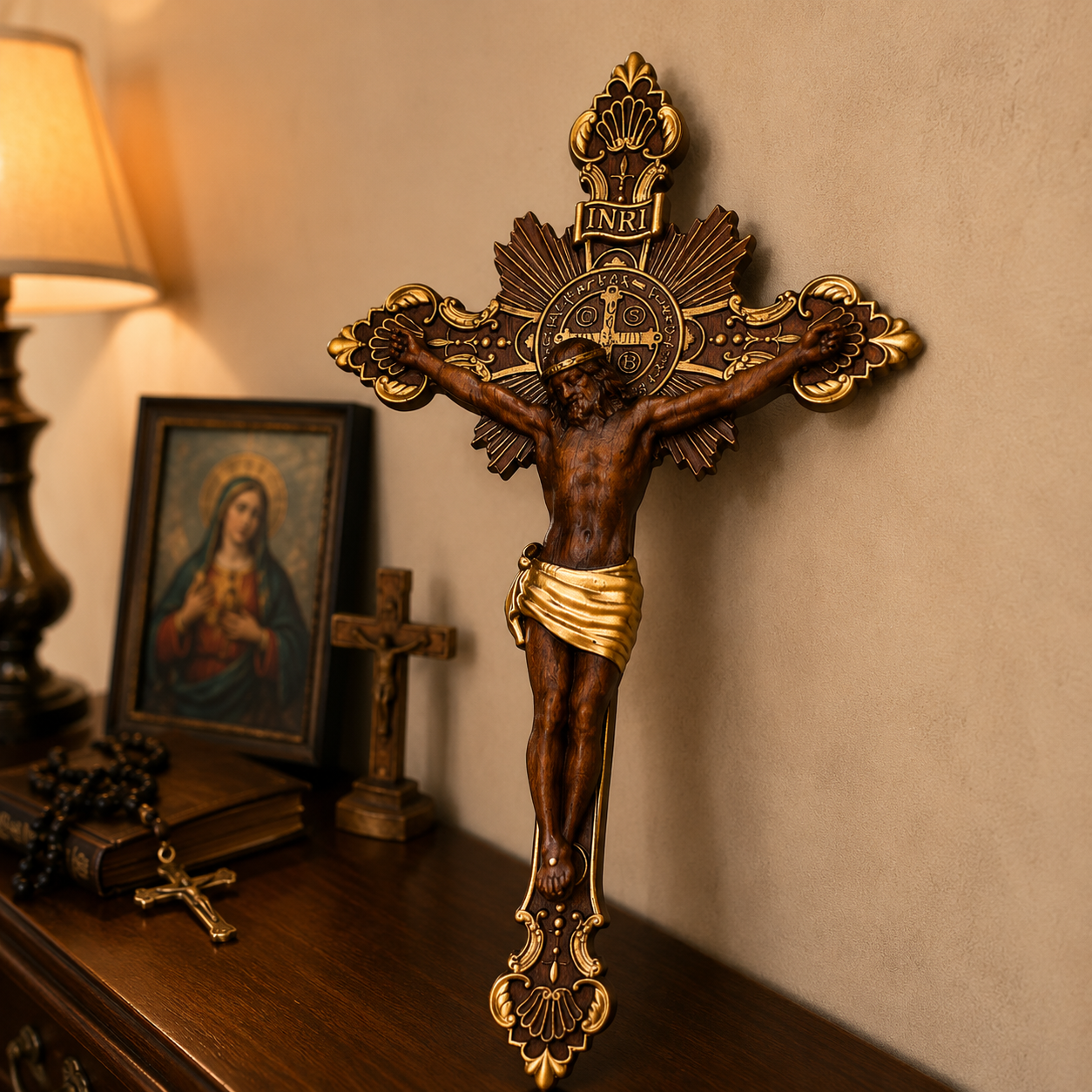 Close detail of hand-carved St. Benedict crucifix