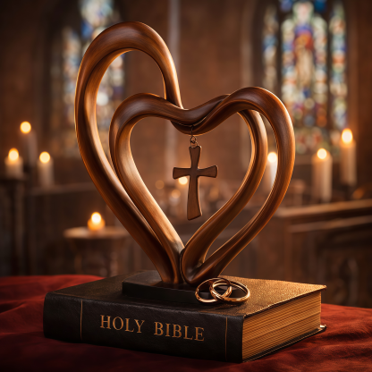 Marriage Takes Three – Entwined Heart & Cross Christian Wedding Sculpture