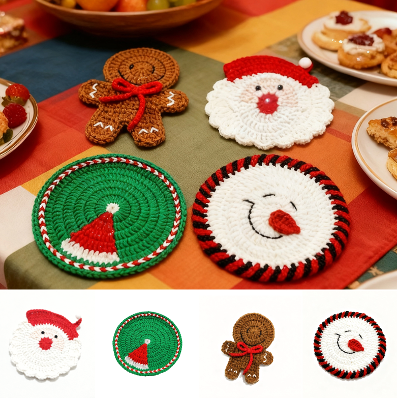 2pcs Handmade Crochet Santa Claus Coasters 