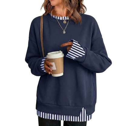 Women Crew Neck Layered Look Striped Patchwork Drop Shoulder Oversized Sweatshirt