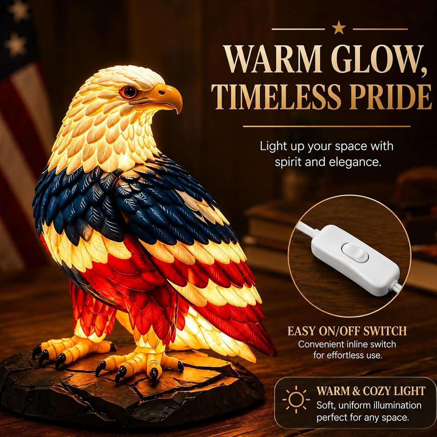 🔥Last day 54% OFF🦅 USA Patriotic Bald Eagle LED Lamp | Red White Blue Eagle Sculpture Night Light