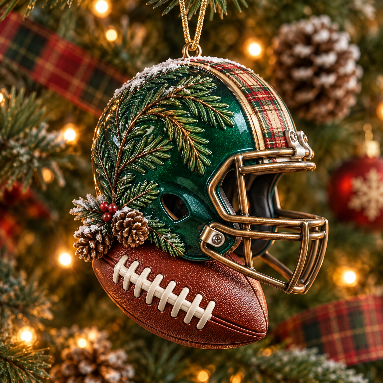 Green Plaid Pine Helmet Ornament