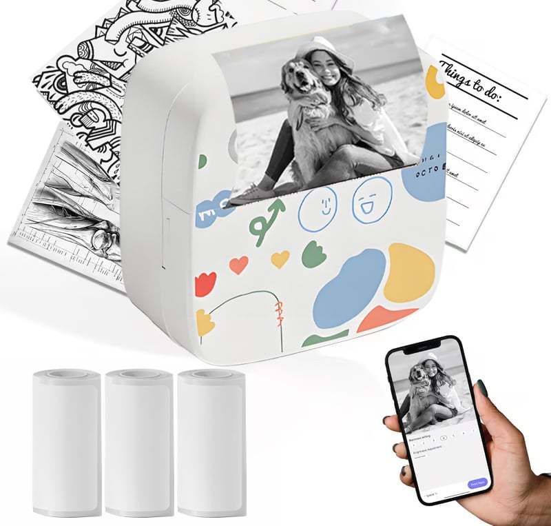 Top Christmas Gift 2025 🎅 XenGro Mini Portable Sticker Printer, Mini Thermal Printer with 3 Rolls Paper, Bluetooth Inkless Printpods, Pocket Label Maker Suitable for Creative Kids