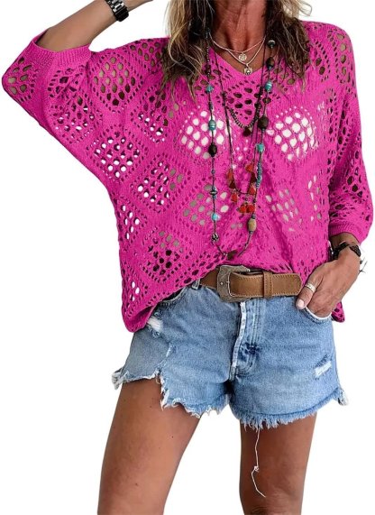 💥Hot Sales-49% OFF🔥Womens Bohemian-Inspired Beige Crochet Top with V-Neck | 11 Colors | S to 5XL