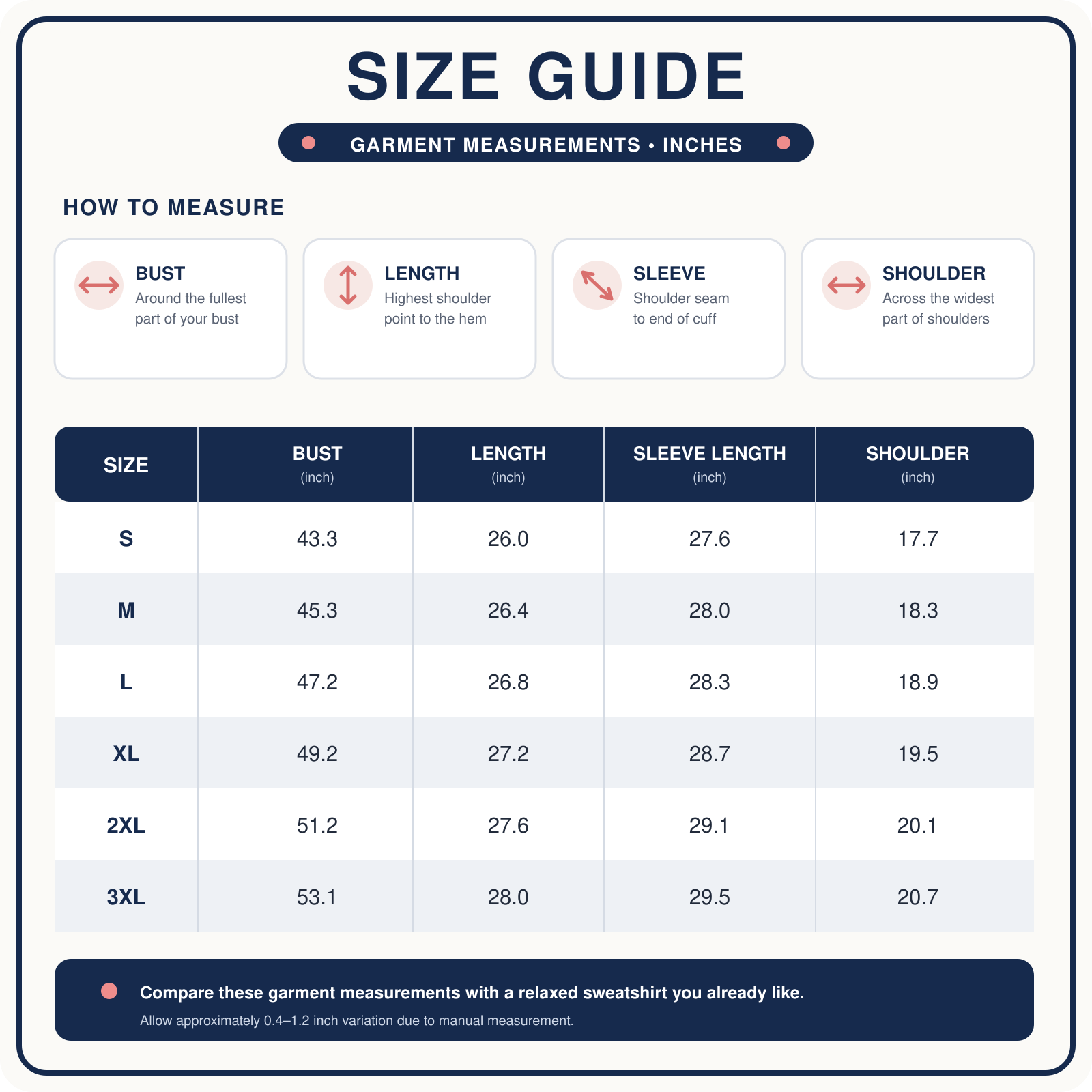 Layered sweatshirt garment size guide in inches for sizes S through 3XL