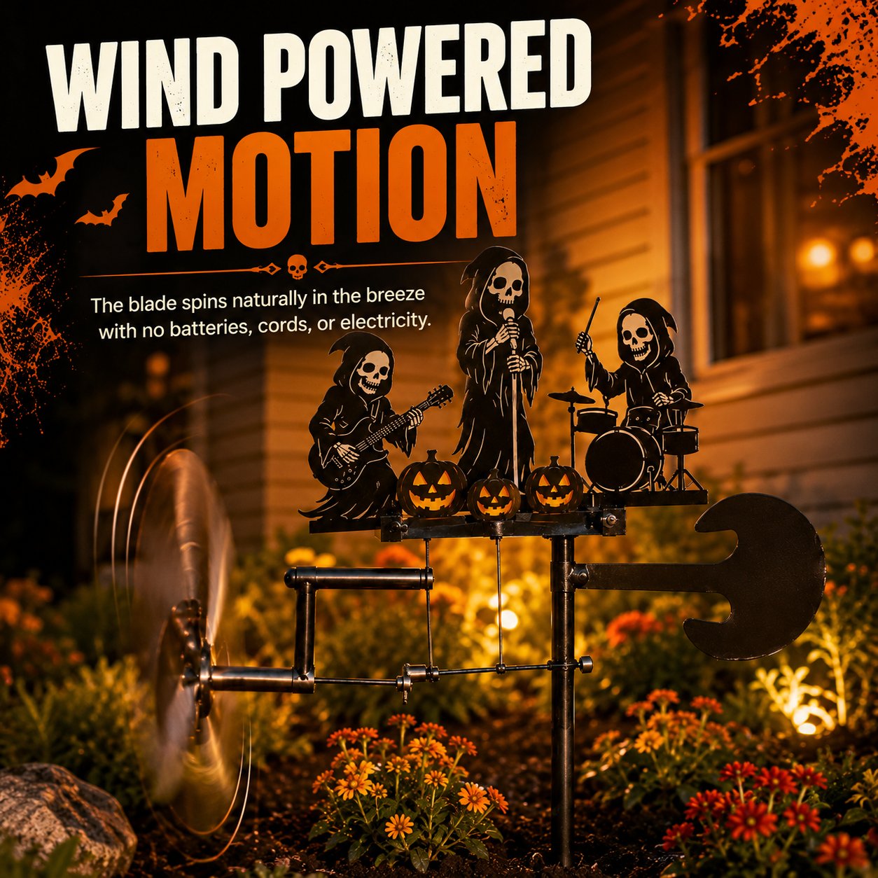 Wind-powered skeleton band drummer movement