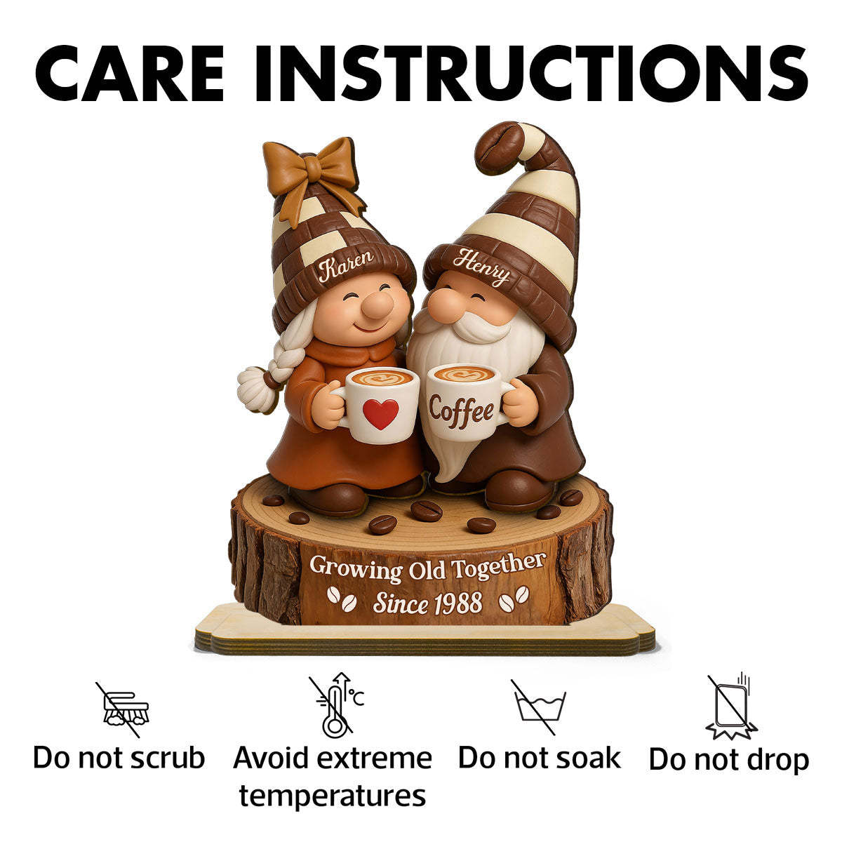 Coffee Gnome Couple - Personalized Standing Wooden Plaque - Gift for Couple