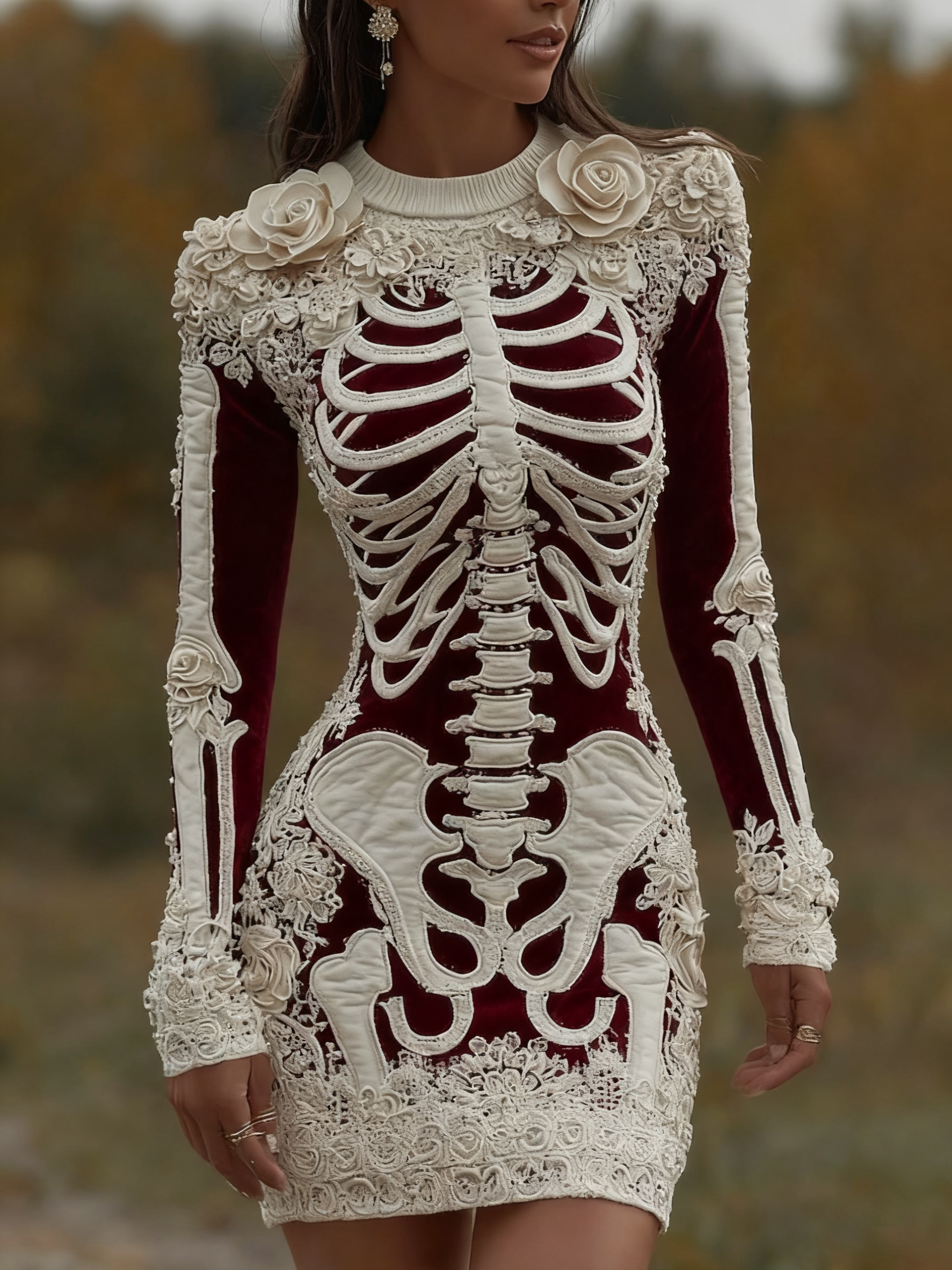 Women's Vintage Halloween Skeleton Bones With Rose Art Cozy Knit Mini Sweater Dress