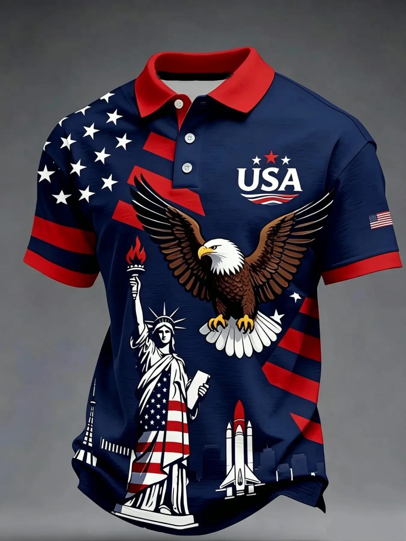 USA Flag Eagle Liberty Statue Print, Short Sleeve, Casual Patriotic Polo Shirt