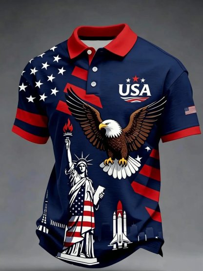 USA Flag Eagle Liberty Statue Print, Short Sleeve, Casual Patriotic Polo Shirt