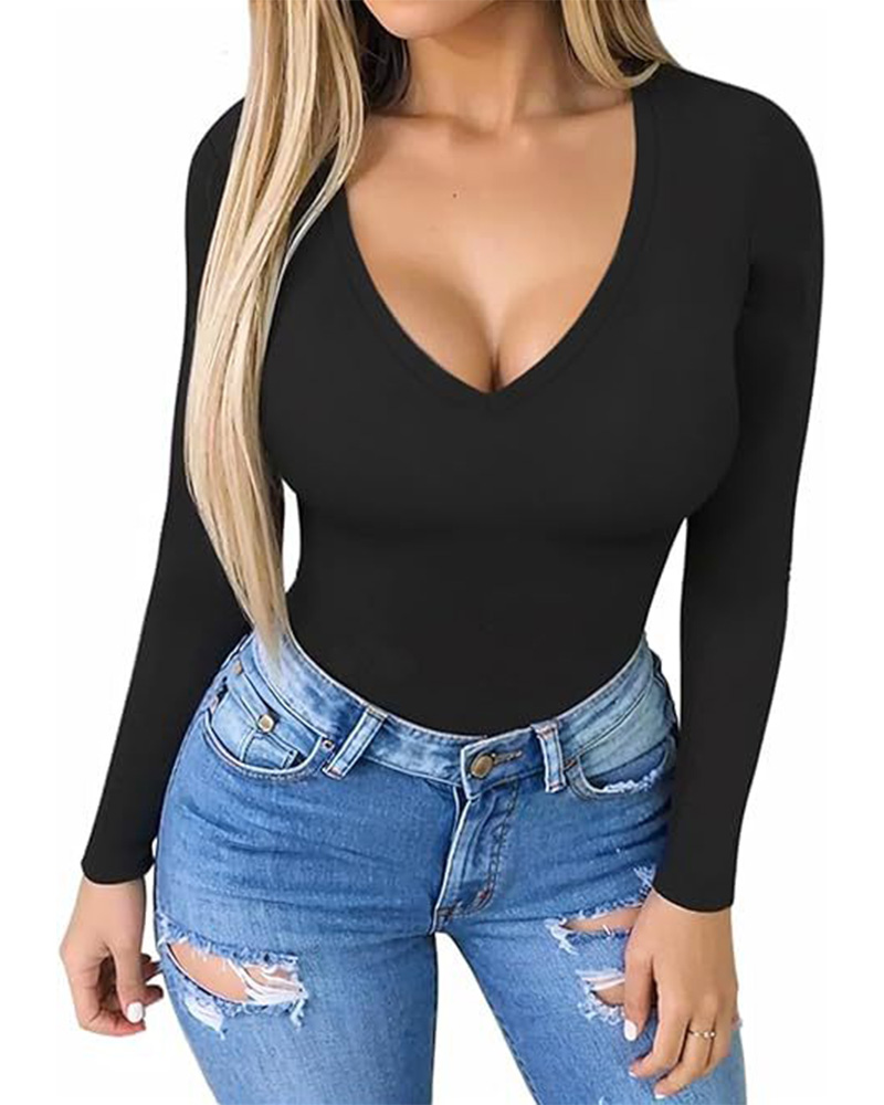V-Neck Long Sleeve Form-Fitting Bodysuit