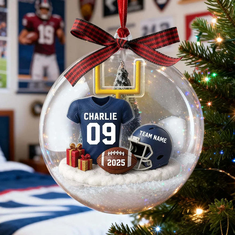 Snow Globe Ornament - Football Jersey, Helmet & Goal Post, Customizable, Christmas Tree Decor, A Unique Gift for Players & Fans