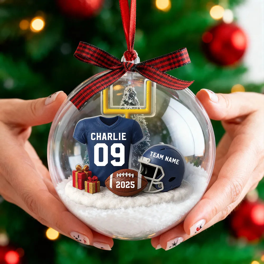 Snow Globe Ornament - Football Jersey, Helmet & Goal Post, Customizable, Christmas Tree Decor, A Unique Gift for Players & Fans