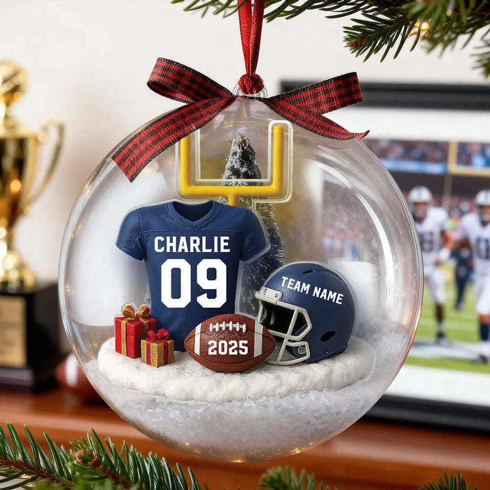 Snow Globe Ornament - Football Jersey, Helmet & Goal Post, Customizable, Christmas Tree Decor, A Unique Gift for Players & Fans