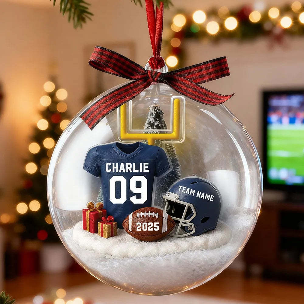 Snow Globe Ornament - Football Jersey, Helmet & Goal Post, Customizable, Christmas Tree Decor, A Unique Gift for Players & Fans