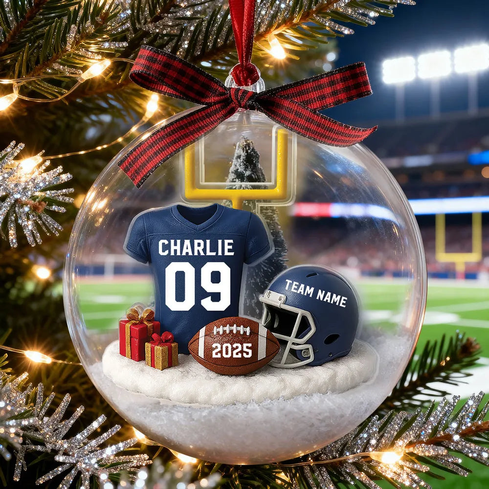 Snow Globe Ornament - Football Jersey, Helmet & Goal Post, Customizable, Christmas Tree Decor, A Unique Gift for Players & Fans