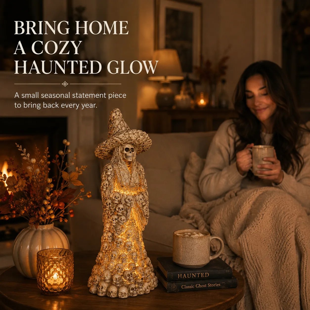 Cozy glowing skull witch statue at night