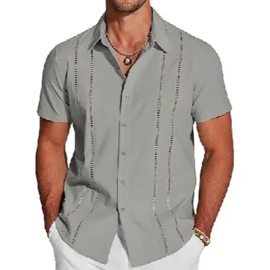 Men's Cuban Guayabera Short Sleeve V-Neck Linen Shirt Casual Summer Beach