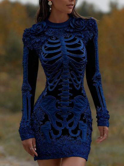 Women's Vintage Halloween Skeleton Bones With Rose Art Cozy Knit Mini Sweater Dress