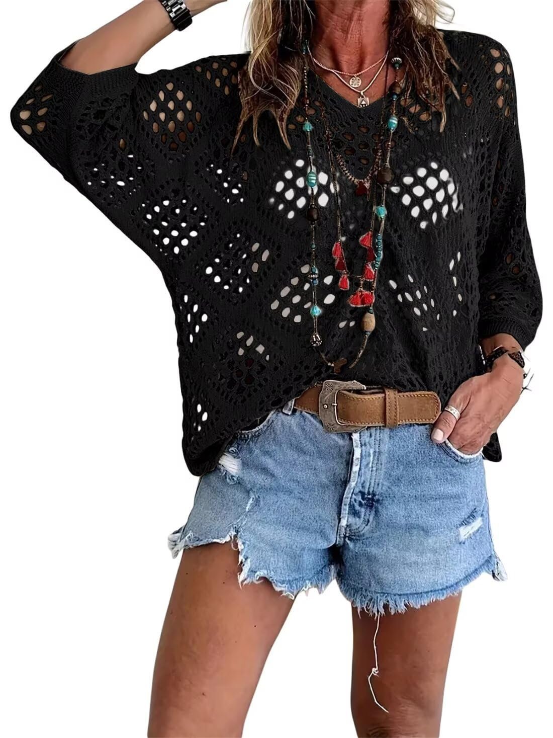 💥Hot Sales-49% OFF🔥Womens Bohemian-Inspired Beige Crochet Top with V-Neck | 11 Colors | S to 5XL