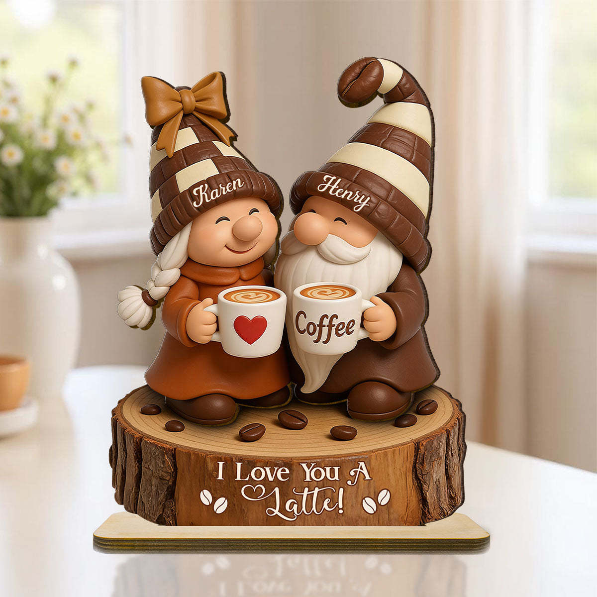 Coffee Gnome Couple - Personalized Standing Wooden Plaque - Gift for Couple