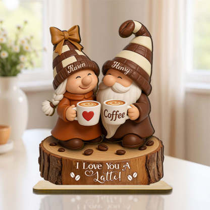 Coffee Gnome Couple - Personalized Standing Wooden Plaque - Gift for Couple