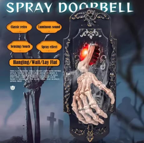 Hanging installation of Halloween skeleton hand doorbell