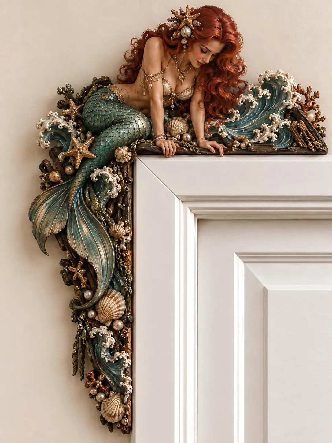 🎁Last Day 60% OFF-🧜‍♀️ 🐚 Beautiful Mermaid Door Corner 🌊 Waves & Seashells Fantasy Wall Decor