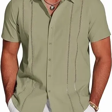 Men's Cuban Guayabera Short Sleeve V-Neck Linen Shirt Casual Summer Beach