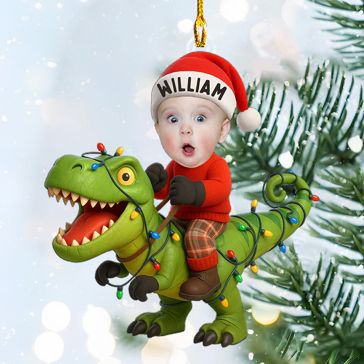 Cute Christmas Dinosaur - Personalized Kid Photo Ornament