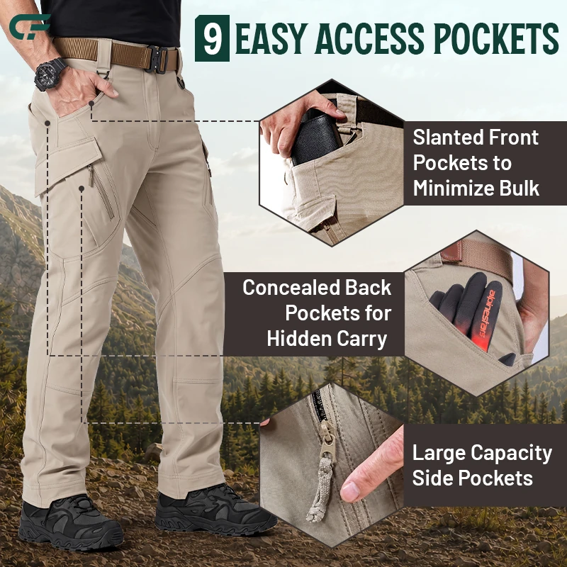 FlexCamo - Men's 9-Pocket Straight Fit Tactical Waterproof Pants - Solid Colors