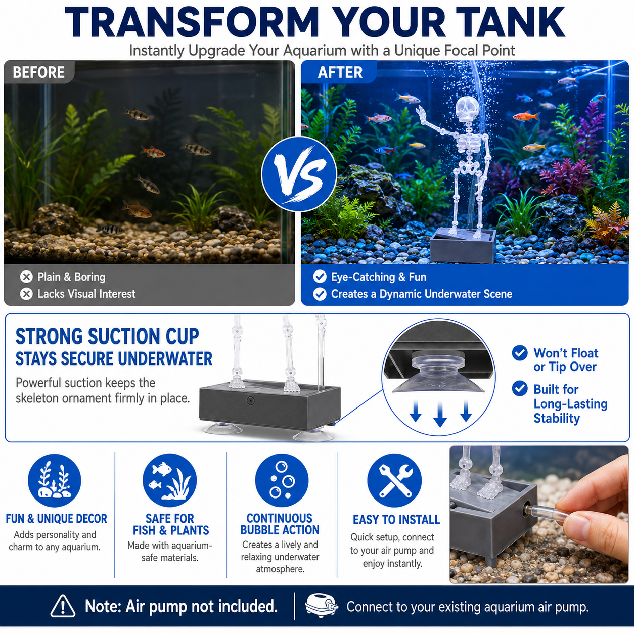 Dancing Skeleton Aquarium Decoration, Bubble-Activated Moving Fish Tank Ornament with Airflow Control Valve