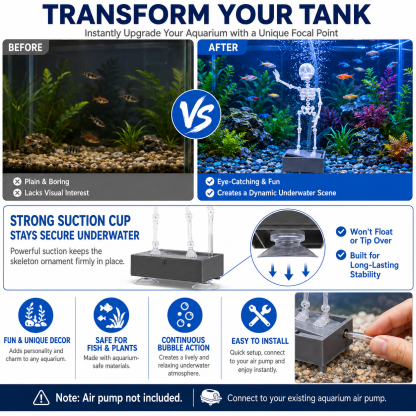 Dancing Skeleton Aquarium Decoration, Bubble-Activated Moving Fish Tank Ornament with Airflow Control Valve
