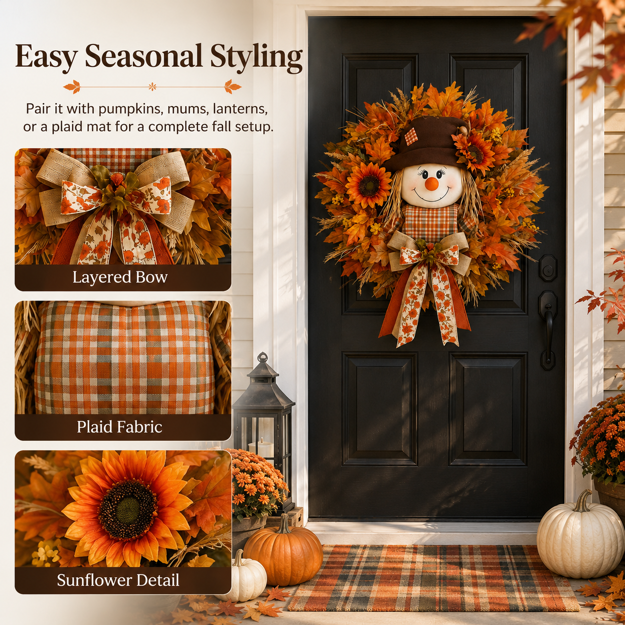 Farmhouse scarecrow wreath with sunflower and plaid details