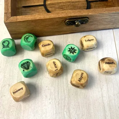 🔮🎲Arcane Divination Dice Set – Engraved Wooden Box, Oracle Dice for Tarot Ritual, Handcrafted Intuition Amplifier