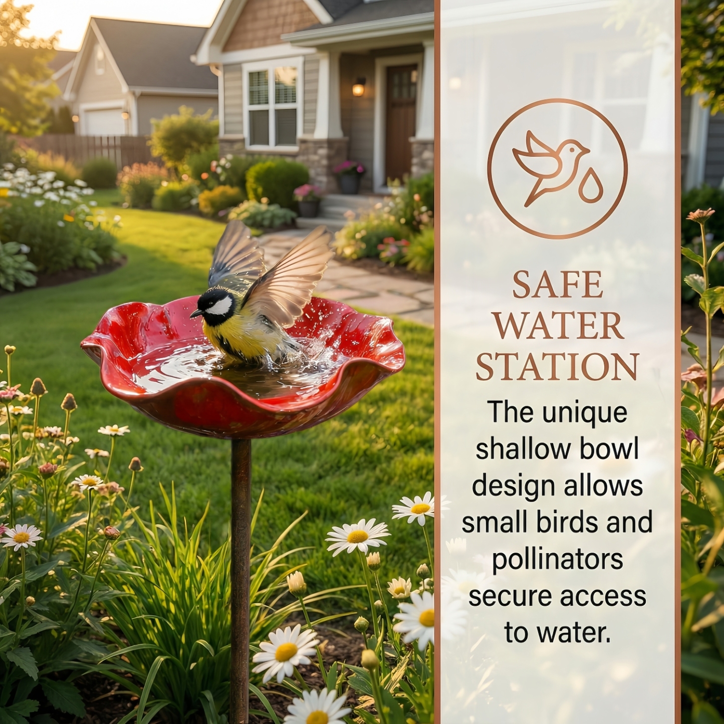 Handmade Metal Flower Bird Bath & Pollinator Water Station
