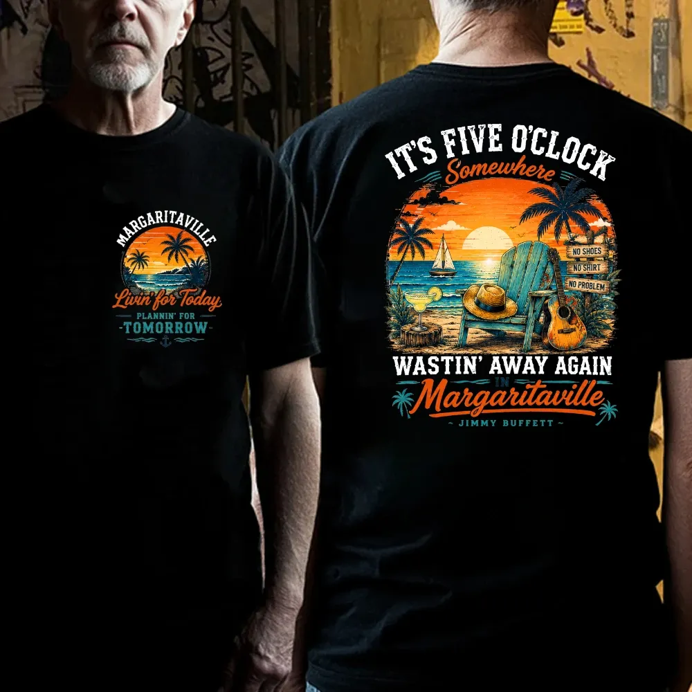 It's Five O'Clock Somewhere Wastin' Away Again In Margaritaville Parrot Guitar Sunset Beach No Shoes No Shirt No Problem Graphic T-Shirt