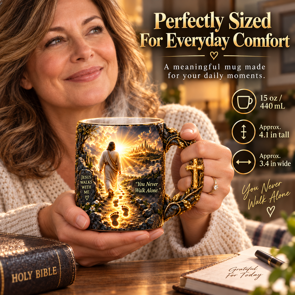 Woman holding the Jesus Walks With Me mug with size and capacity information